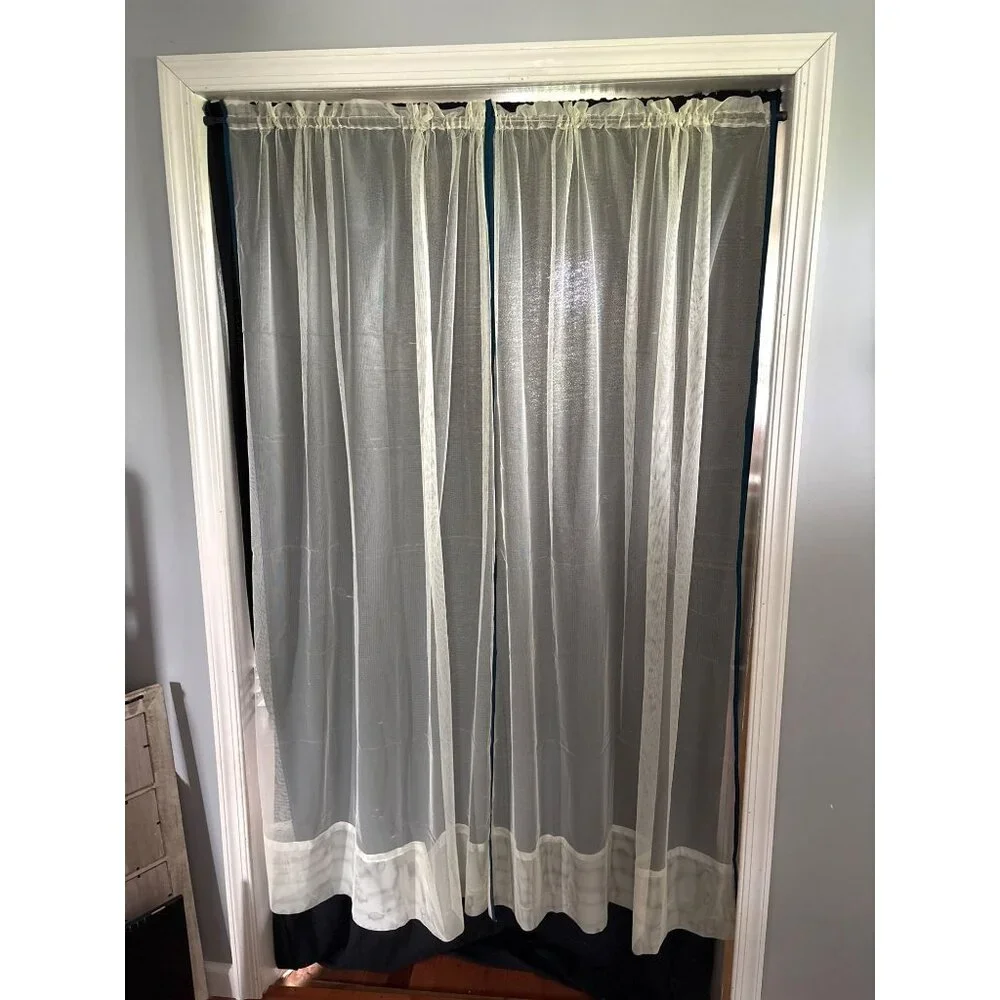 Sheer Cream Curtains with Teal Trim Set 2 39